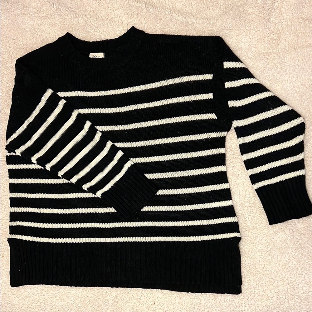 Black and White Striped Crew Neck Sweater